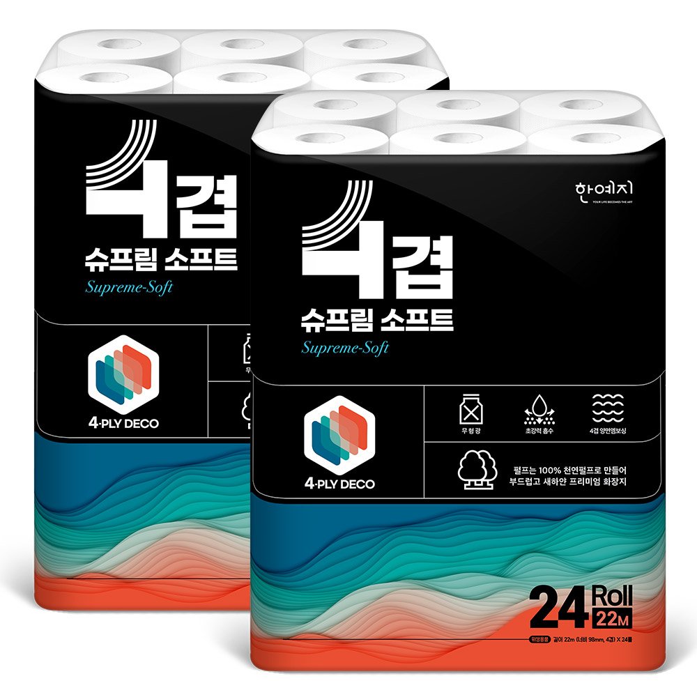 한예지 프리미엄 4겹 슈프림소프트 천연펄프 화장지 22m, 24롤, 2팩 상세 이미지 2
