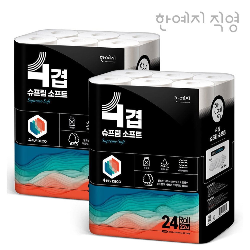 한예지 프리미엄 4겹 슈프림소프트 천연펄프 화장지 22m, 24롤, 2팩 상세 이미지 1